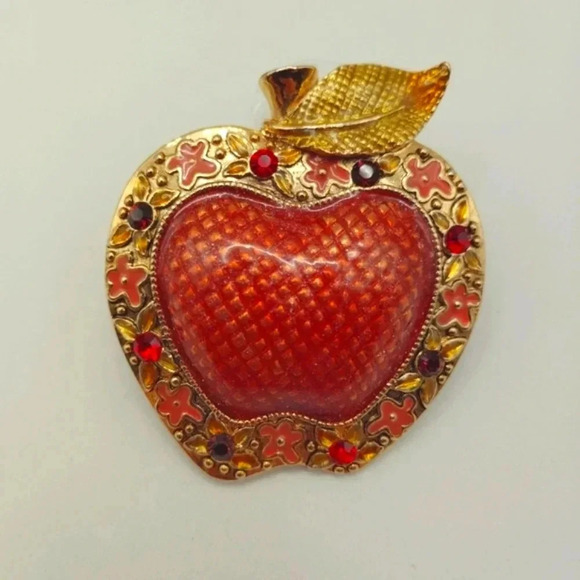 Fashion Apple Brooch Gold Tone Textured w/ Floral Border Teacher - Picture 5 of 11